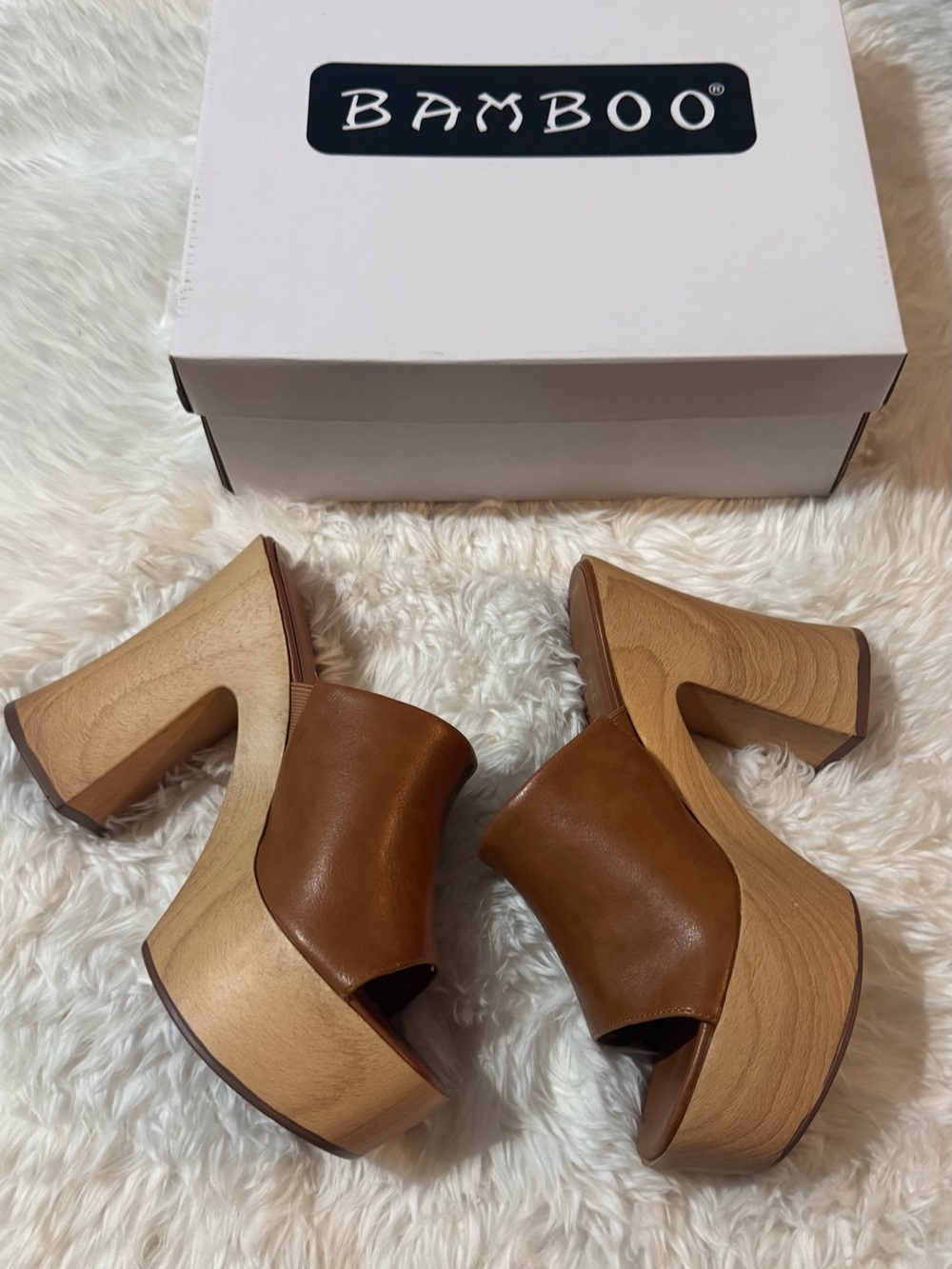 BAMBOO Brown Leather-Look Platform Mule Clogs